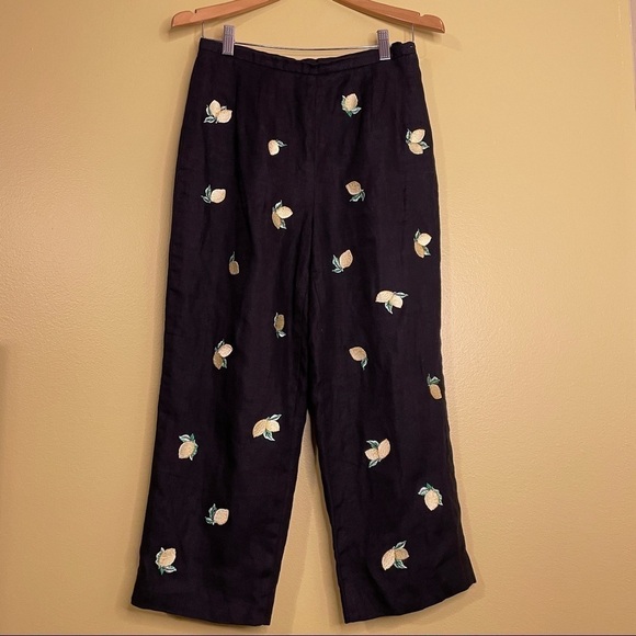 Talbots Wide Leg Linen Pants With Lemon Print Novelty - Picture 1 of 8